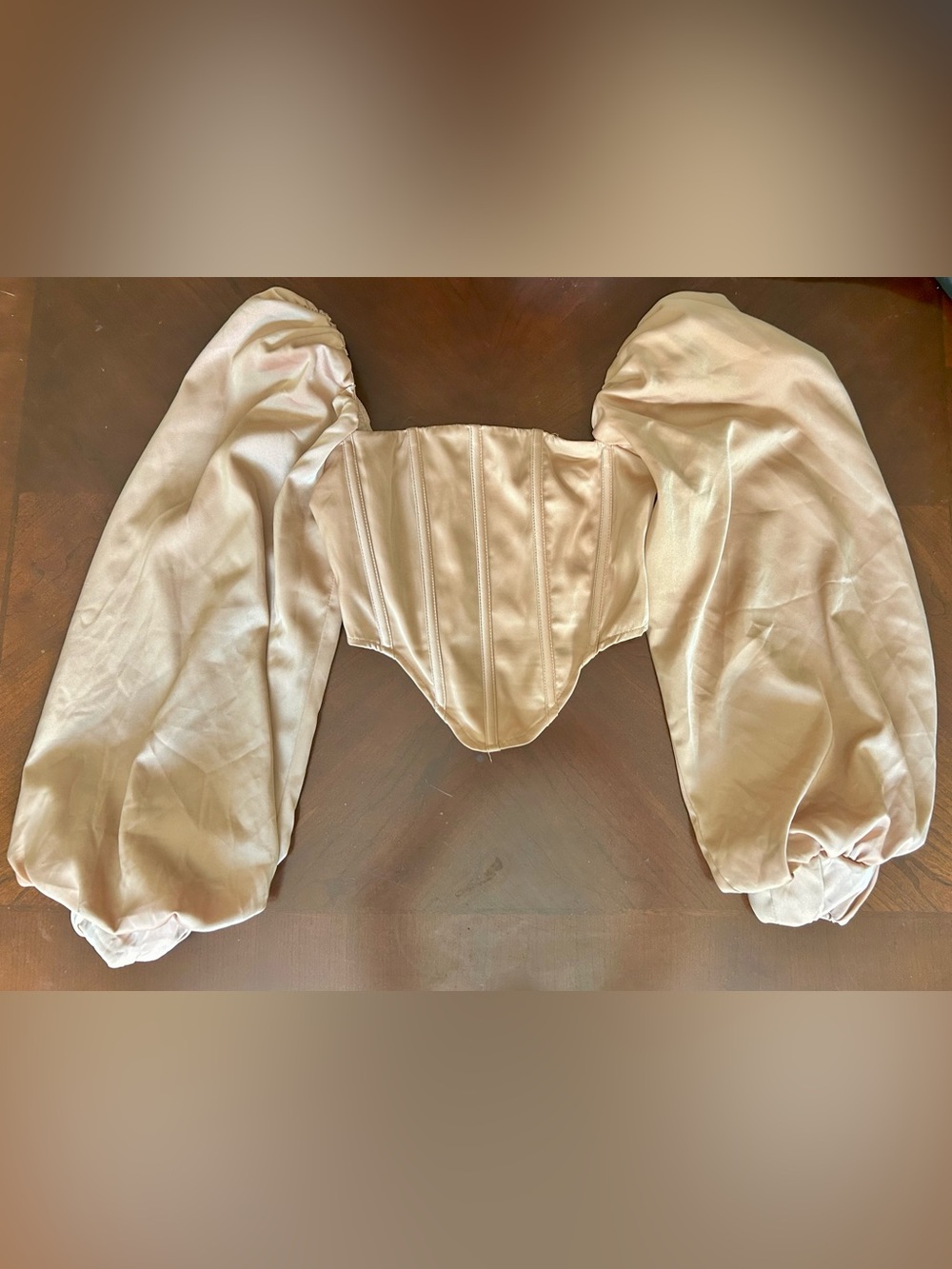 PrettyLittleThing Champagne Satin Corset Blouse with Puff Sleeves